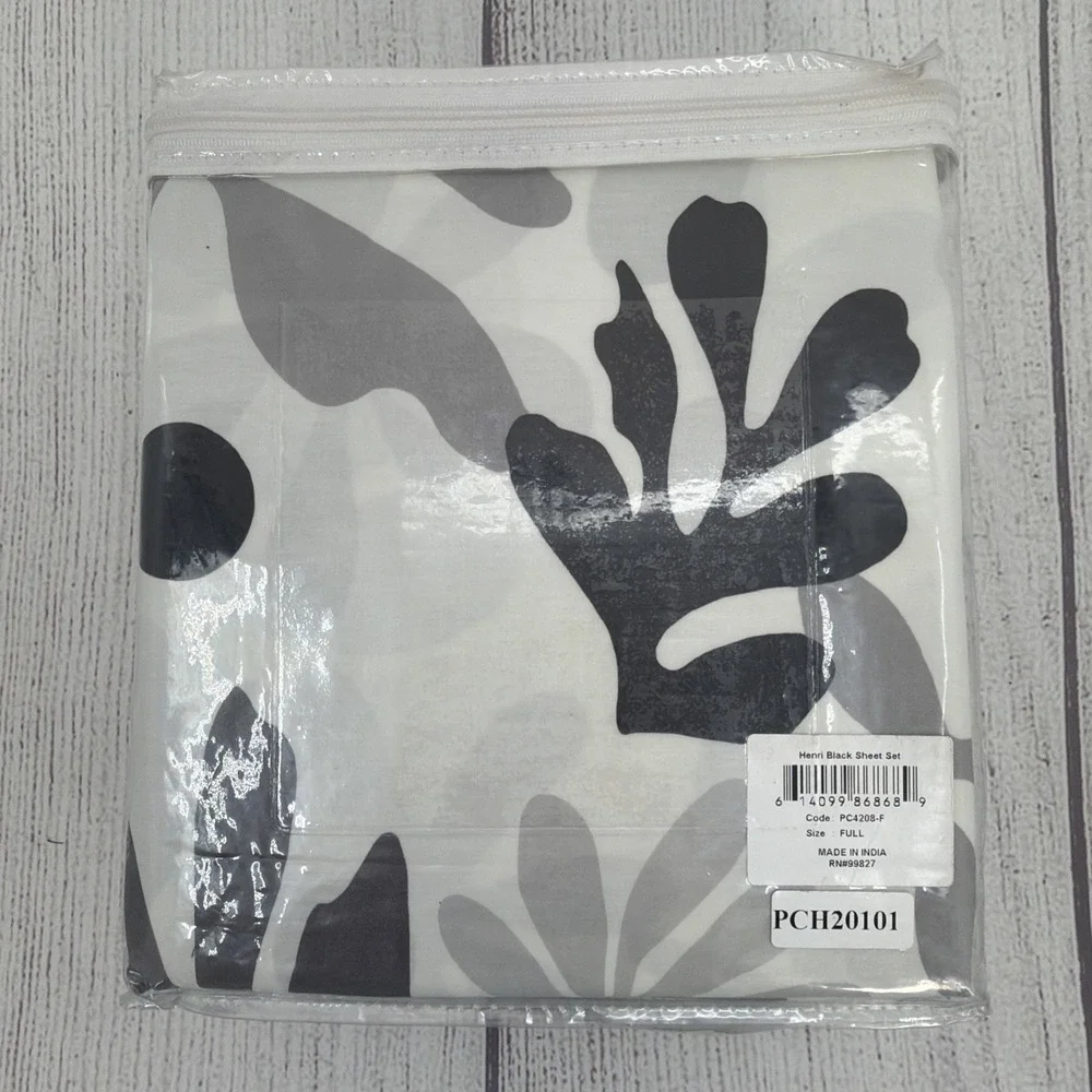 Annie Selke Sheet Set FULL Henri Black White Gray Floral 100% Cotton Abstract